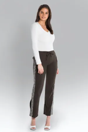 100% Silk relaxed pants with side tapes in Black Olive