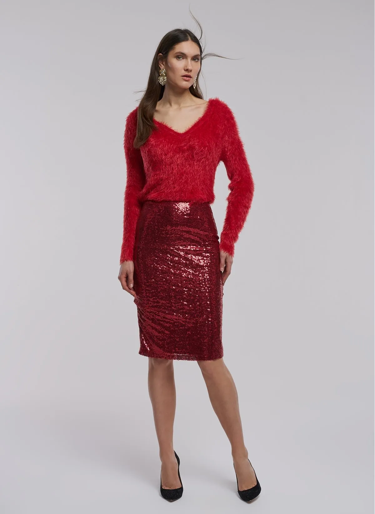 1045 Bordeaux Sequined Pencil Skirt