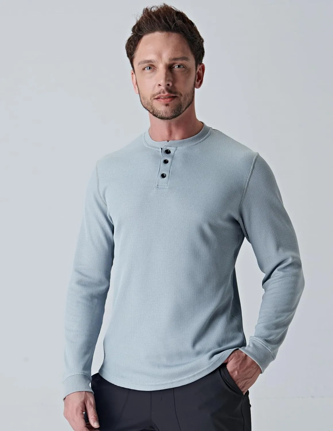 3 Pack Mens Waffle Henley Thermal Long Sleeve Shirts, Casual Fitted Fall Shirts for Men