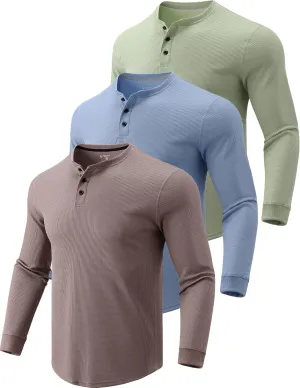 3 Pack Mens Waffle Henley Thermal Long Sleeve Shirts, Casual Fitted Fall Shirts for Men