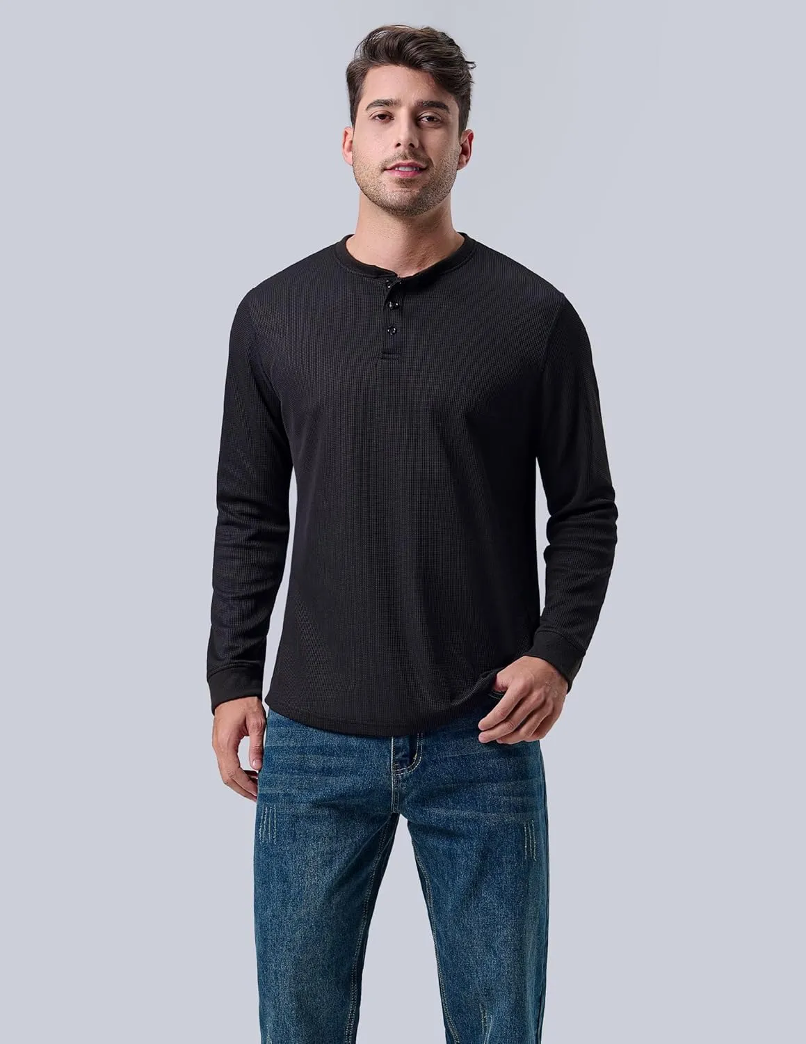 3 Pack Mens Waffle Henley Thermal Long Sleeve Shirts, Casual Fitted Fall Shirts for Men