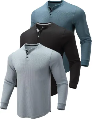 3 Pack Mens Waffle Henley Thermal Long Sleeve Shirts, Casual Fitted Fall Shirts for Men
