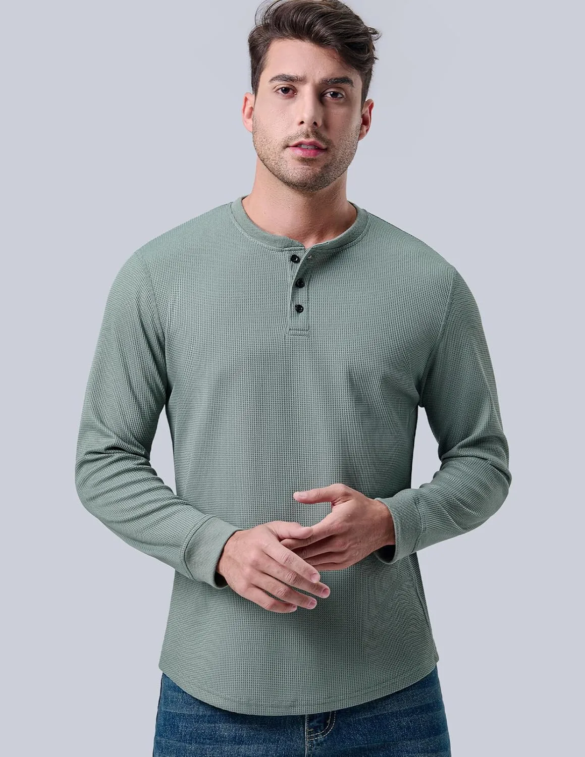 3 Pack Mens Waffle Henley Thermal Long Sleeve Shirts, Casual Fitted Fall Shirts for Men