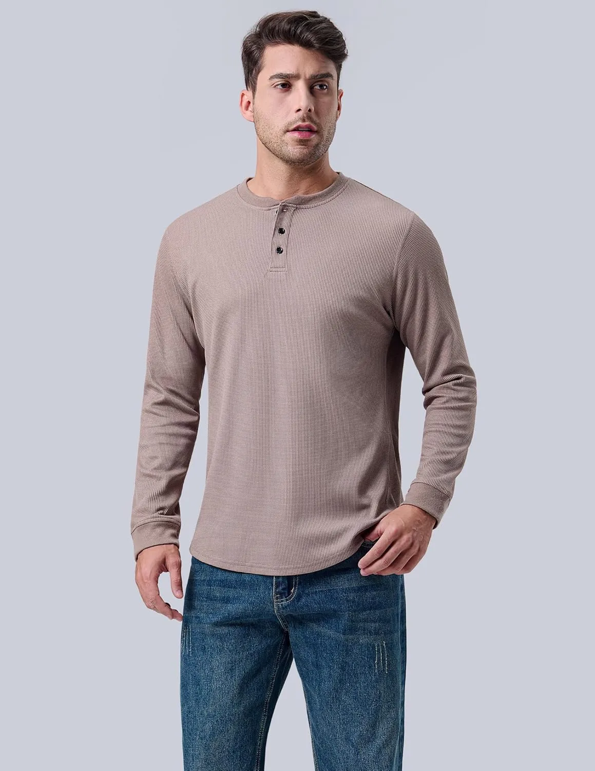 3 Pack Mens Waffle Henley Thermal Long Sleeve Shirts, Casual Fitted Fall Shirts for Men
