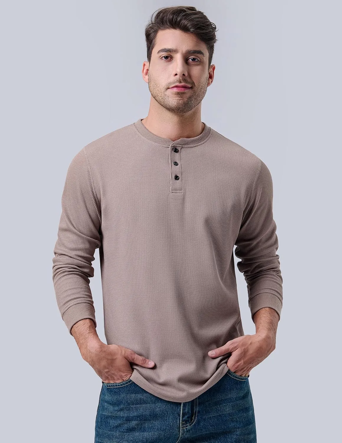 3 Pack Mens Waffle Henley Thermal Long Sleeve Shirts, Casual Fitted Fall Shirts for Men
