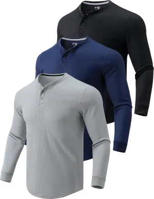 3 Pack Mens Waffle Henley Thermal Long Sleeve Shirts, Casual Fitted Fall Shirts for Men