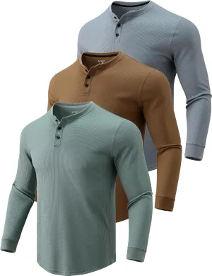 3 Pack Mens Waffle Henley Thermal Long Sleeve Shirts, Casual Fitted Fall Shirts for Men