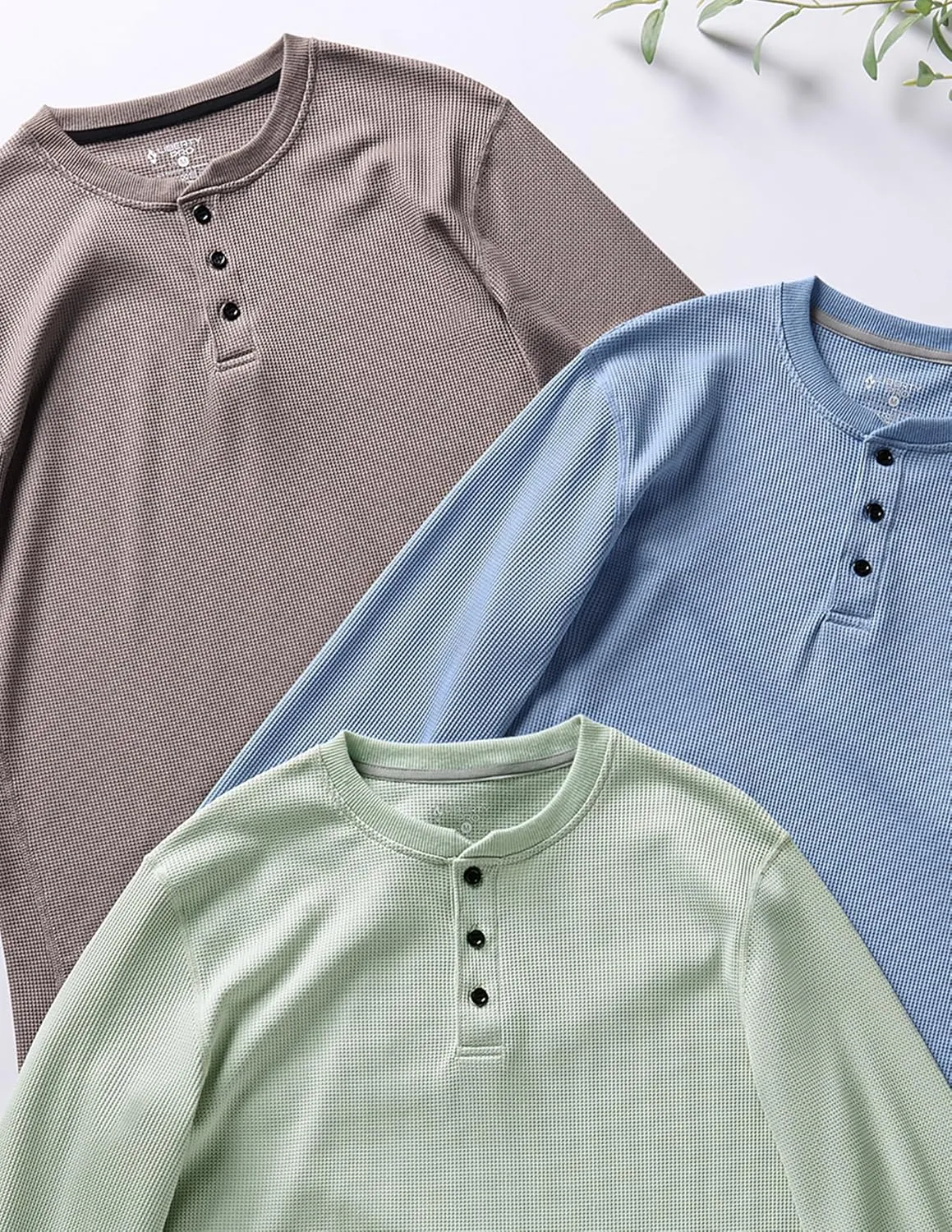 3 Pack Mens Waffle Henley Thermal Long Sleeve Shirts, Casual Fitted Fall Shirts for Men