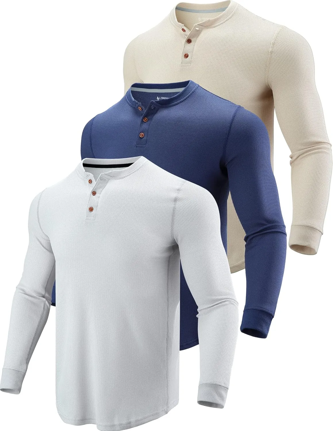 3 Pack Mens Waffle Henley Thermal Long Sleeve Shirts, Casual Fitted Fall Shirts for Men