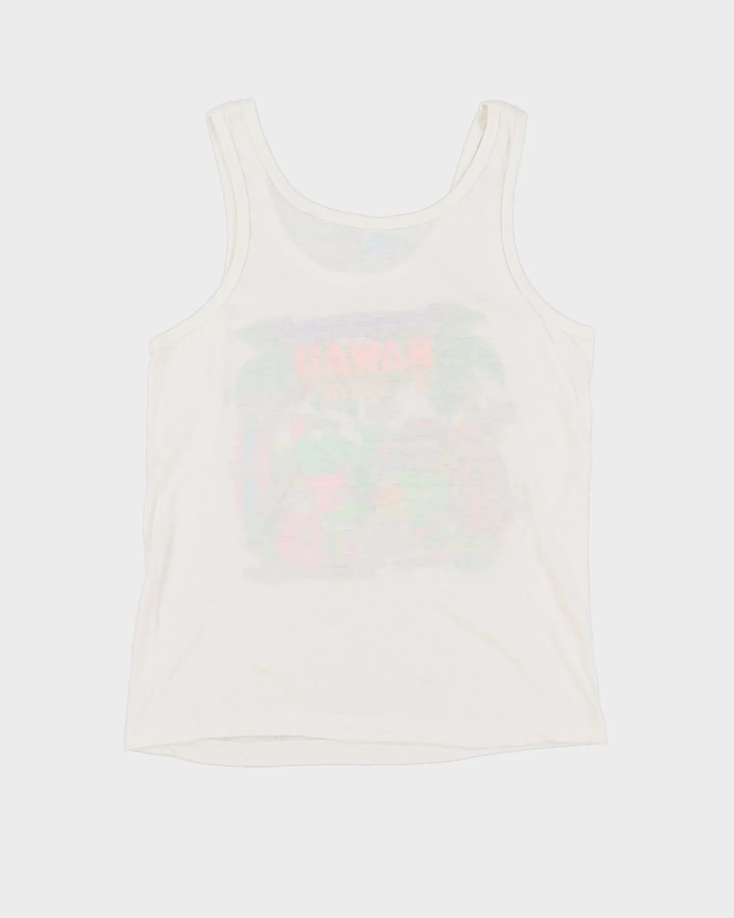 80s Island Print Tees Hawaii Vibrant Colour Single Stitch White Vest - XS