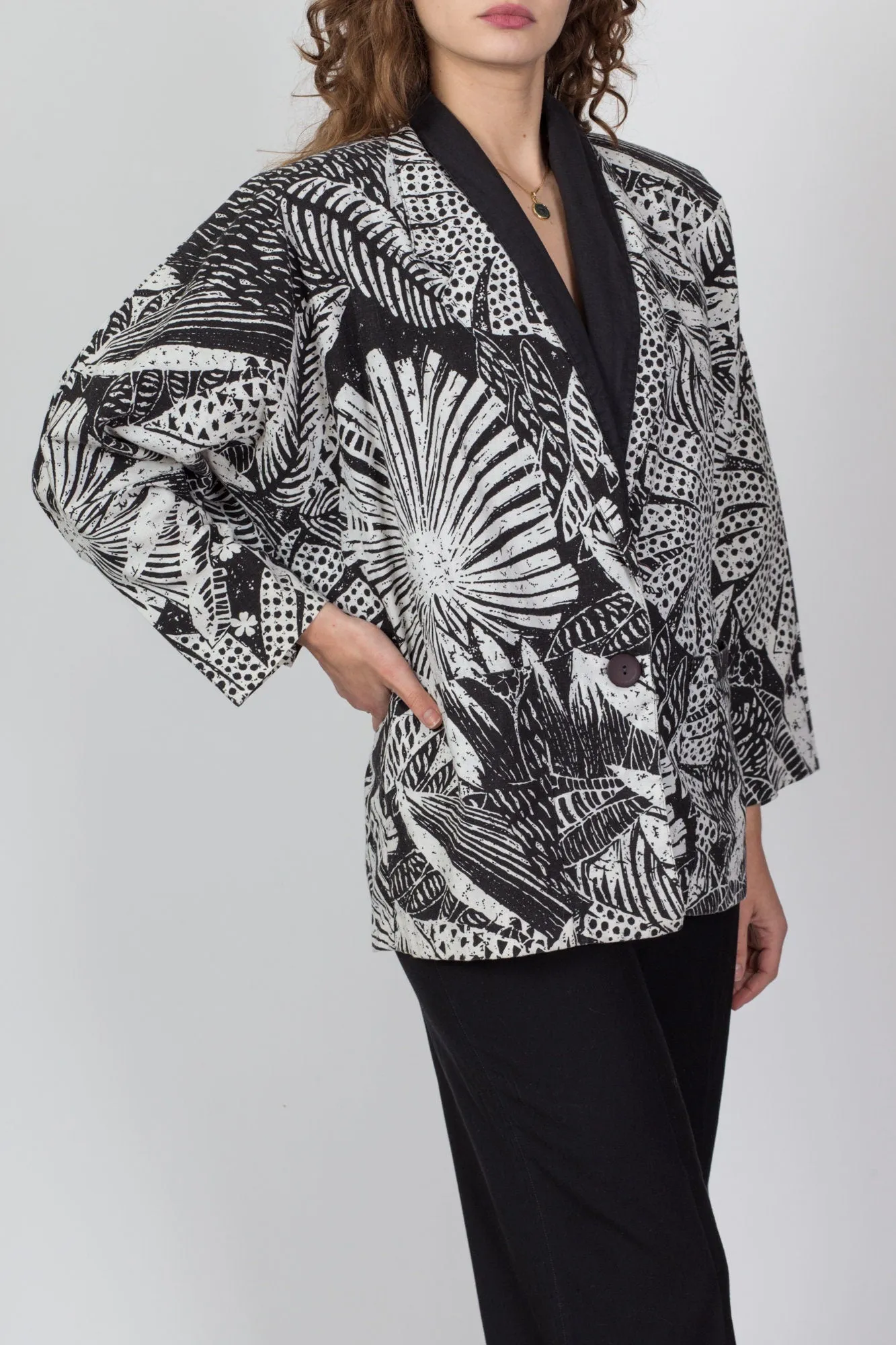 80s Two Tone Tropical Floral Blazer Jacket - One Size
