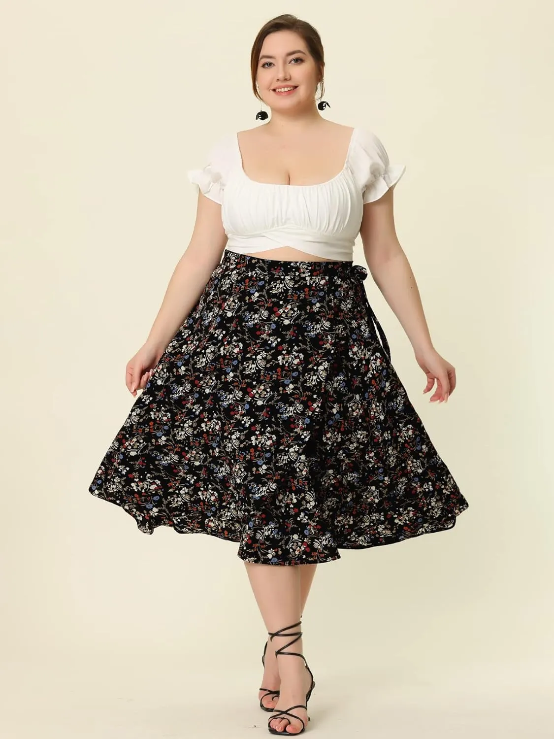Agnes Orinda Women's Plus Size Boho Floral Wrap Skirts a Line Midi Chic Ruffled Hem High Waisted Skirt