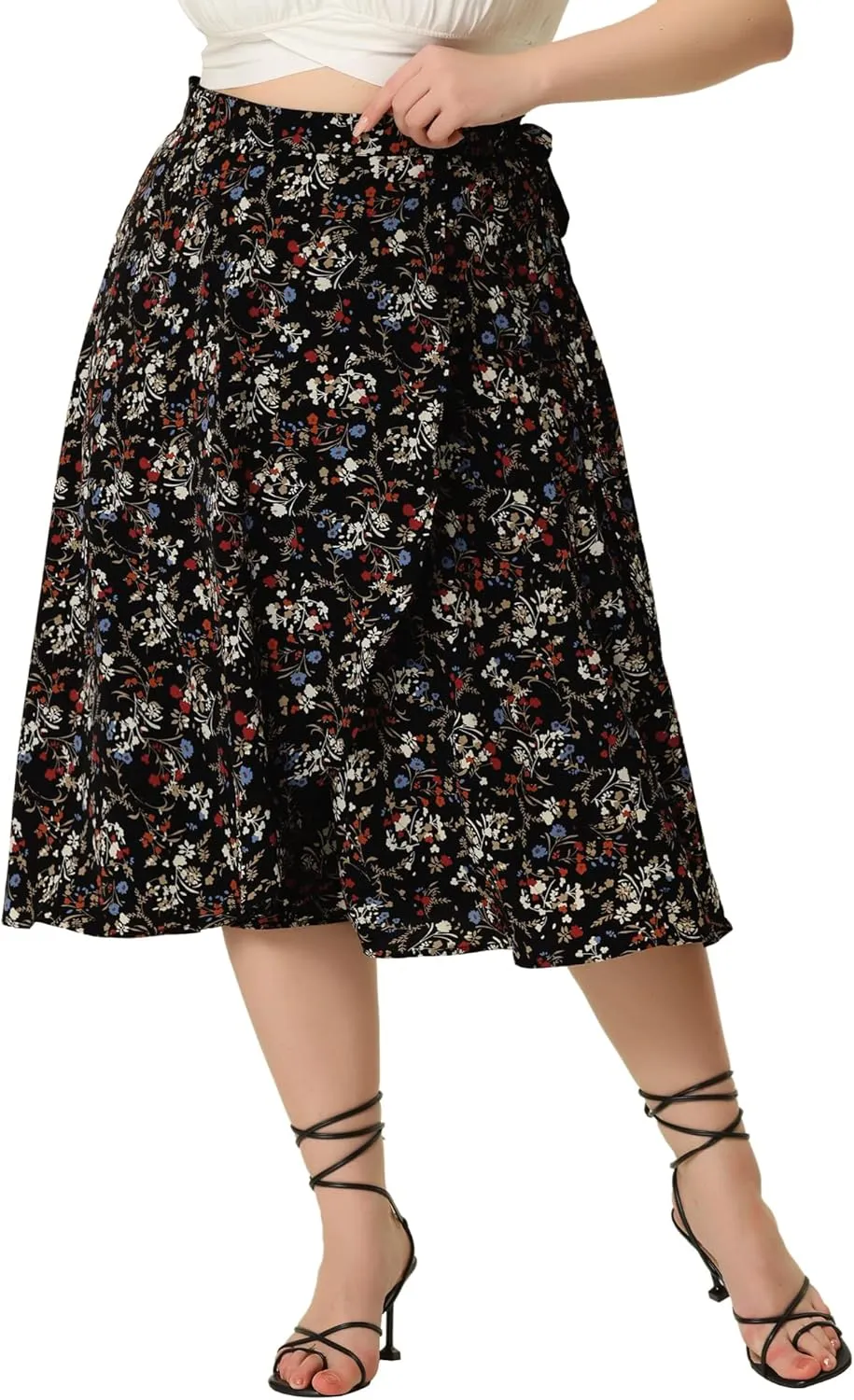 Agnes Orinda Women's Plus Size Boho Floral Wrap Skirts a Line Midi Chic Ruffled Hem High Waisted Skirt