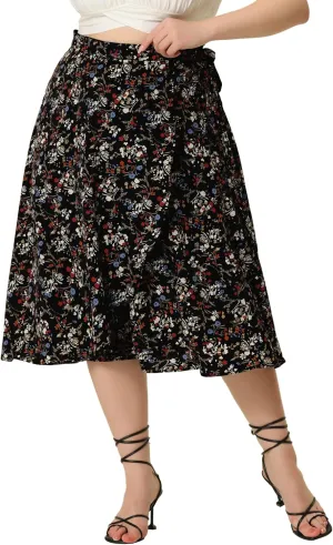 Agnes Orinda Women's Plus Size Boho Floral Wrap Skirts a Line Midi Chic Ruffled Hem High Waisted Skirt