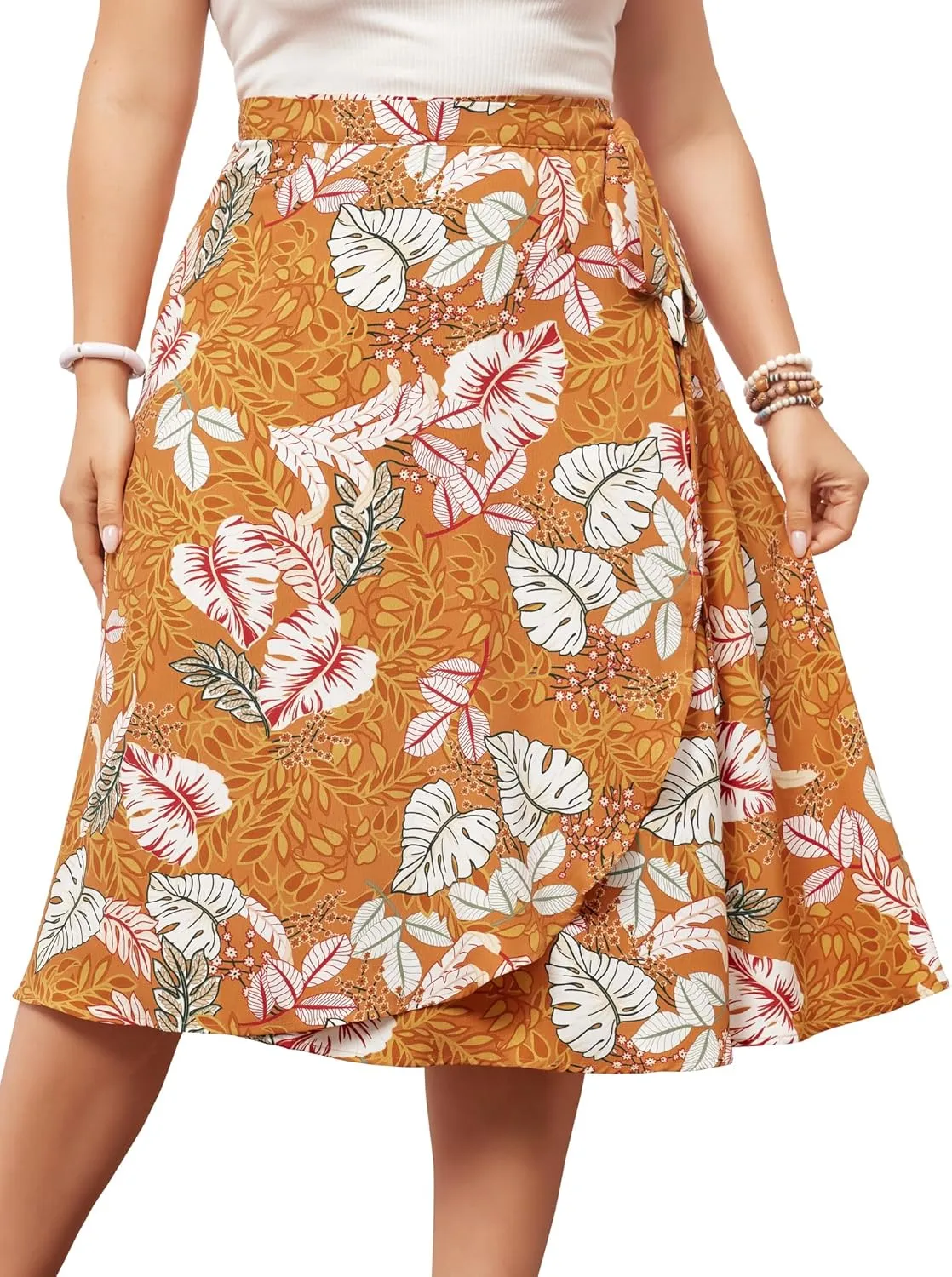 Agnes Orinda Women's Plus Size Boho Floral Wrap Skirts a Line Midi Chic Ruffled Hem High Waisted Skirt