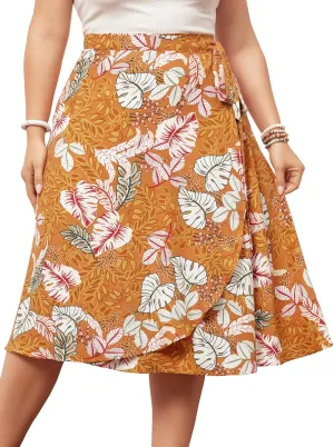Agnes Orinda Women's Plus Size Boho Floral Wrap Skirts a Line Midi Chic Ruffled Hem High Waisted Skirt