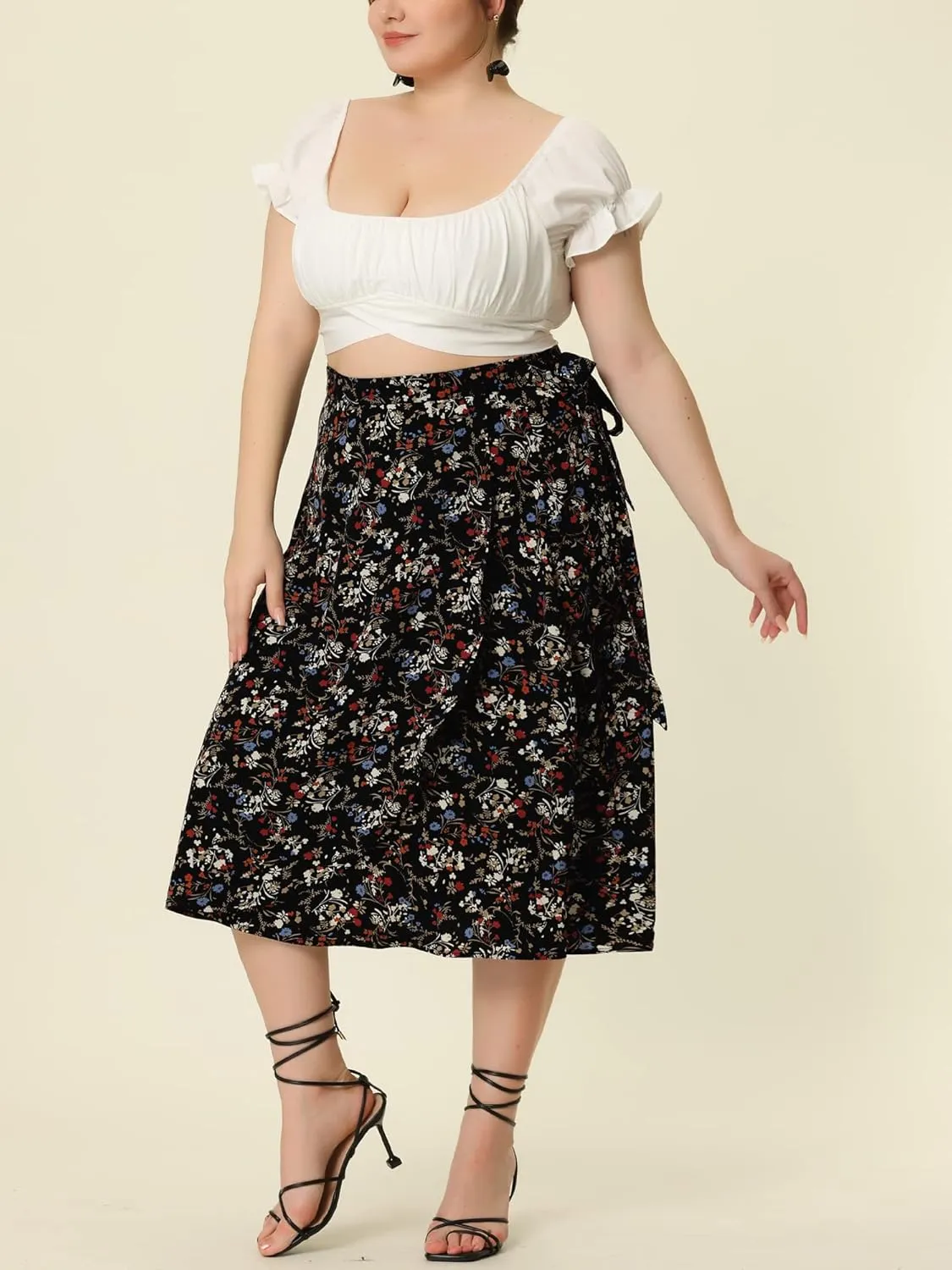 Agnes Orinda Women's Plus Size Boho Floral Wrap Skirts a Line Midi Chic Ruffled Hem High Waisted Skirt