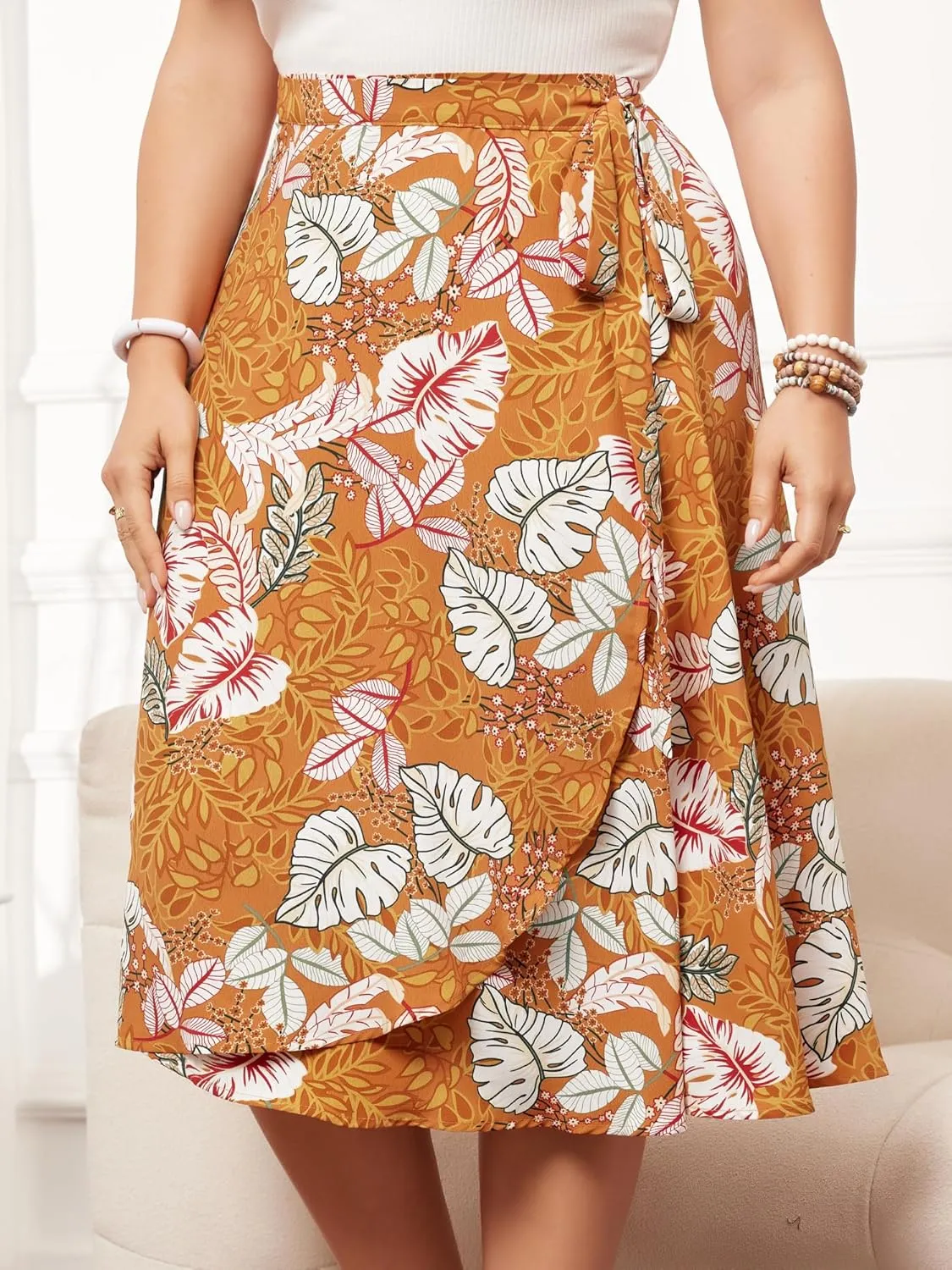Agnes Orinda Women's Plus Size Boho Floral Wrap Skirts a Line Midi Chic Ruffled Hem High Waisted Skirt