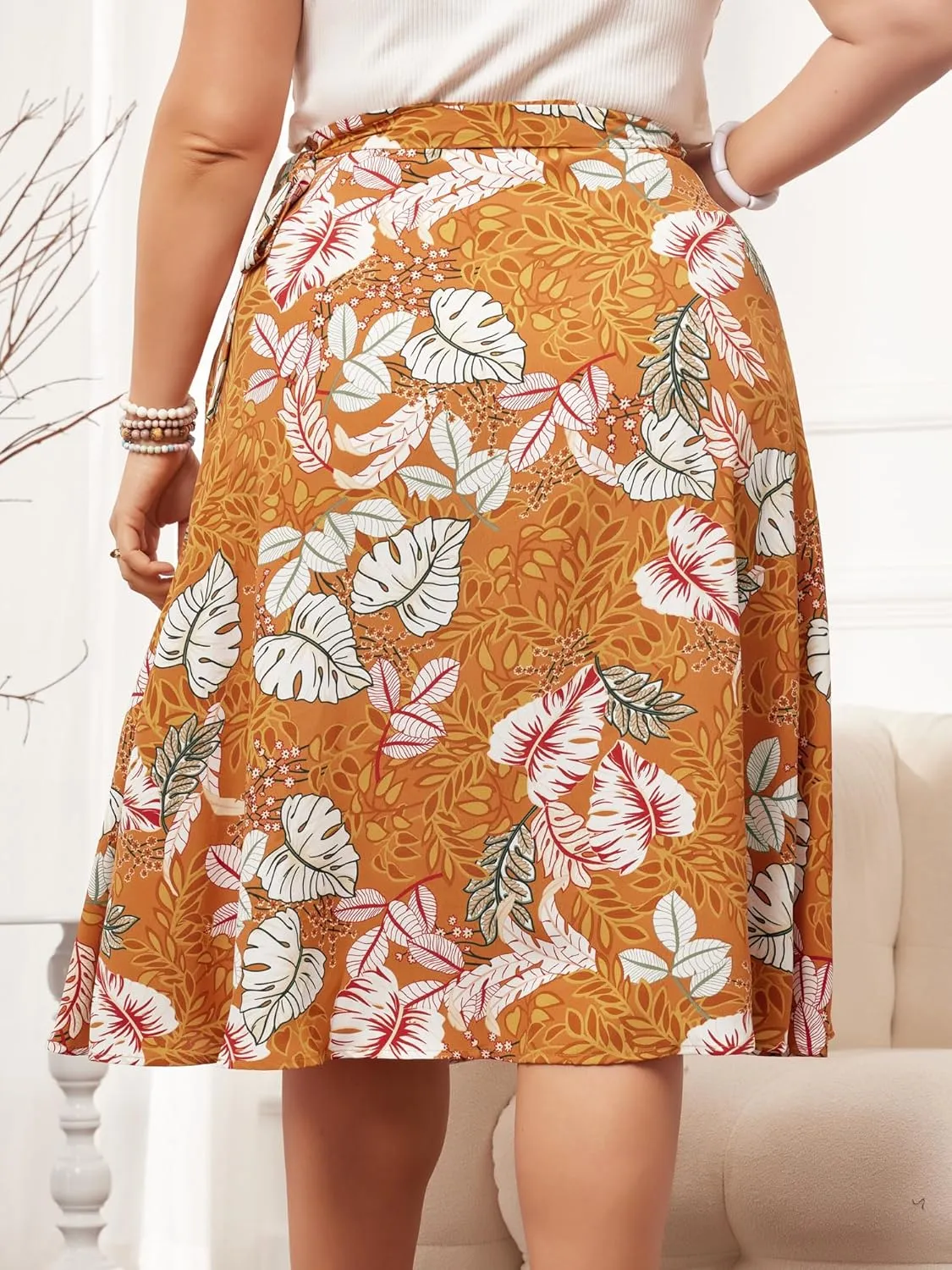 Agnes Orinda Women's Plus Size Boho Floral Wrap Skirts a Line Midi Chic Ruffled Hem High Waisted Skirt