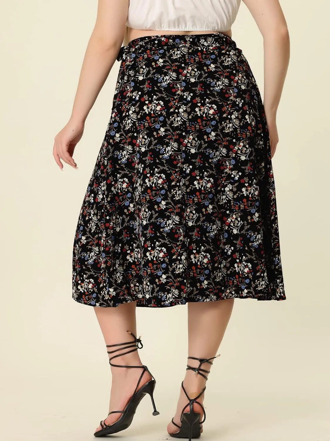 Agnes Orinda Women's Plus Size Boho Floral Wrap Skirts a Line Midi Chic Ruffled Hem High Waisted Skirt