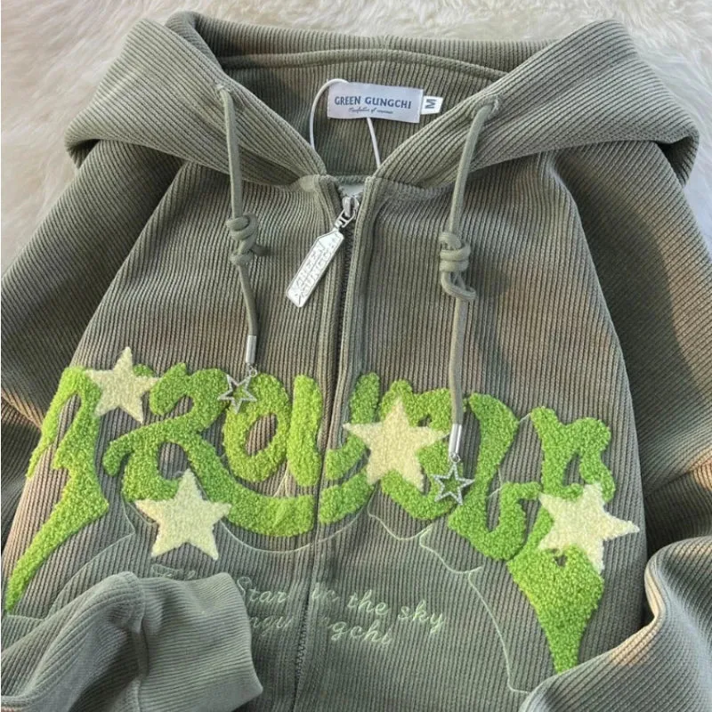 Aiertu Vintage Y2K Zip Up Hoodies Women Harajuku Letter Sweatshirts Hippie Gothic Streetwear Loose Casual Patchwork Top Coats