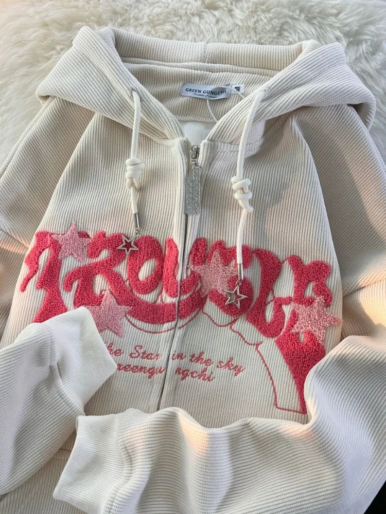 Aiertu Vintage Y2K Zip Up Hoodies Women Harajuku Letter Sweatshirts Hippie Gothic Streetwear Loose Casual Patchwork Top Coats