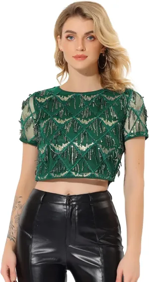 Allegra K Women's Sequin Shiny Glitter Crop Top Christmas Short Sleeves Sexy Party Tassel T-Shirt