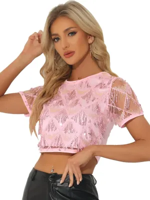 Allegra K Women's Sequin Shiny Glitter Crop Top Christmas Short Sleeves Sexy Party Tassel T-Shirt