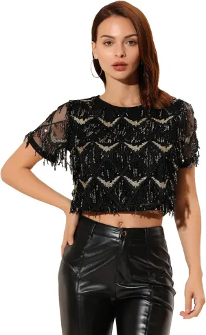 Allegra K Women's Sequin Shiny Glitter Crop Top Christmas Short Sleeves Sexy Party Tassel T-Shirt