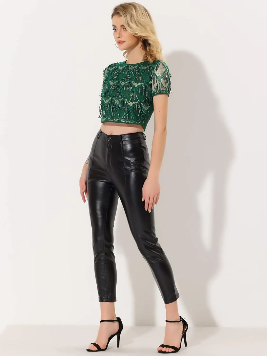 Allegra K Women's Sequin Shiny Glitter Crop Top Christmas Short Sleeves Sexy Party Tassel T-Shirt