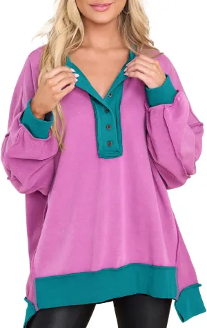 AlvaQ Women's Oversized Sweatshirt Casual Long Sleeve Button Henley Neck Pullover Tunic Tops Outfits