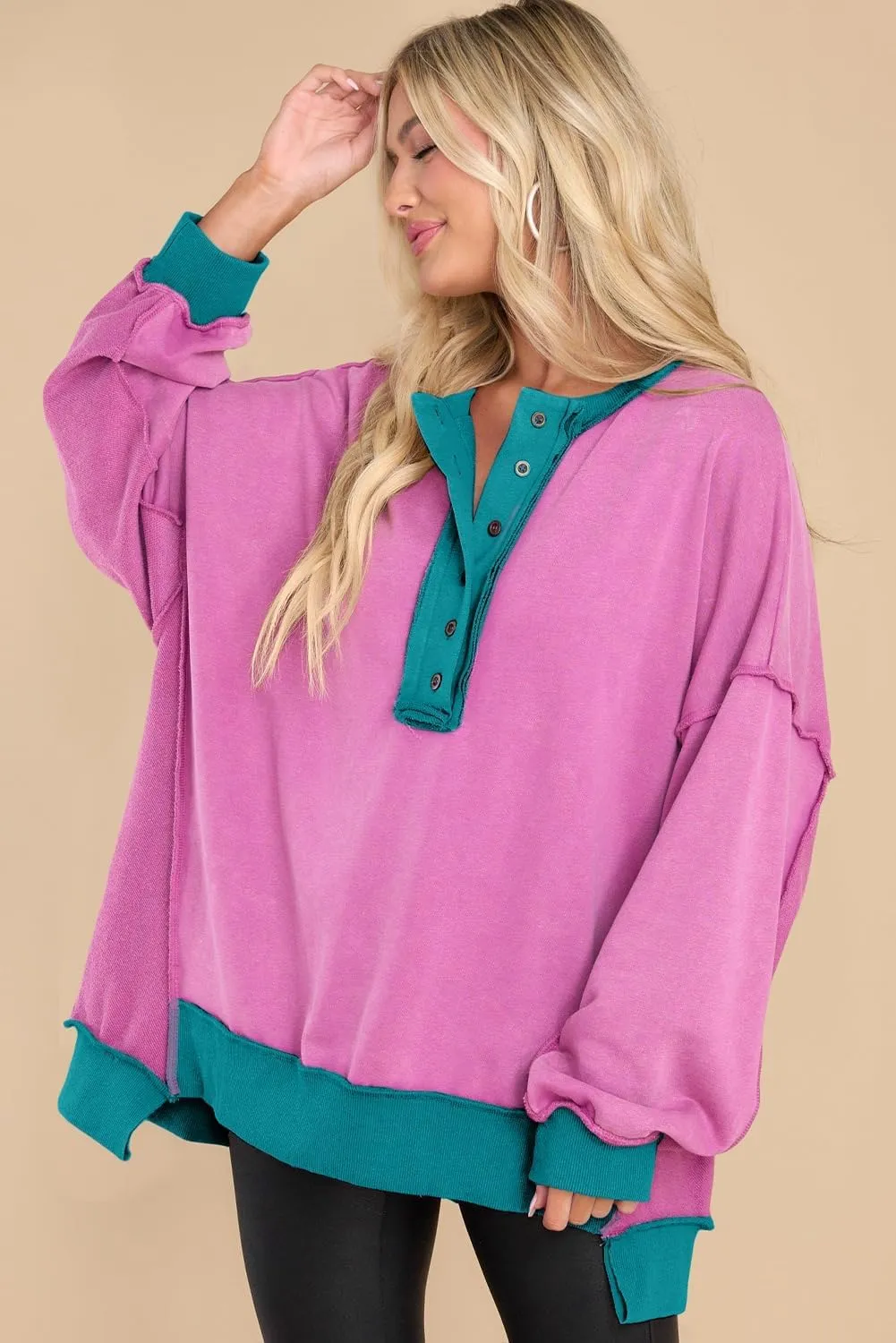 AlvaQ Women's Oversized Sweatshirt Casual Long Sleeve Button Henley Neck Pullover Tunic Tops Outfits