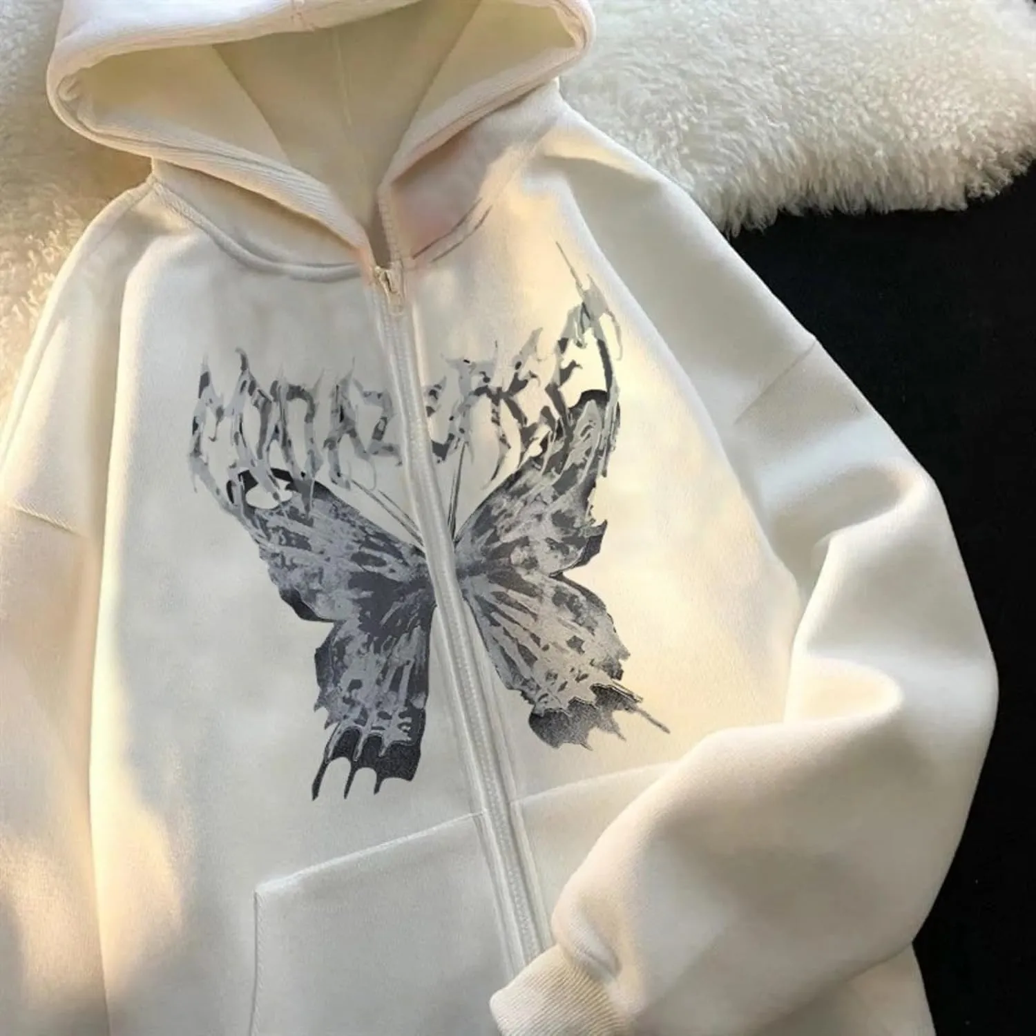 Aobiono Women Men Y2K Zip Up Oversized Hoodie Skeleton Butterfly Gothic Emo Grunge Jacket Alt Graphic Baggy Dark Academia 90s