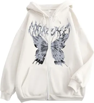 Aobiono Women Men Y2K Zip Up Oversized Hoodie Skeleton Butterfly Gothic Emo Grunge Jacket Alt Graphic Baggy Dark Academia 90s