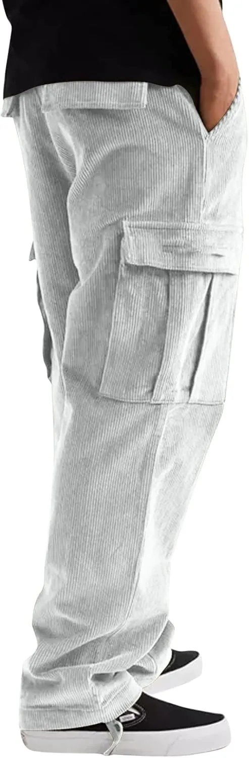 Baggy Cargo Pants Men Big and Tall Relaxed Fit Casual Corduroy Pants Autumn and Winter Solid Straight Athletic Sweatpants