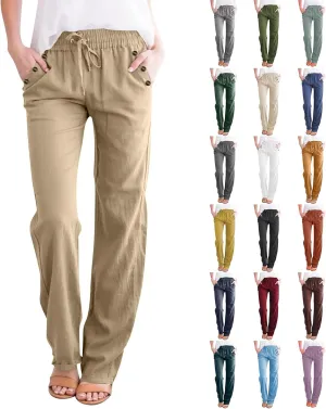 Baggy Linen Pants Women Summer Boho Wide Leg Pants Cotton Palazzo Pants Casual High Waisted Lounge Pants with Pockets