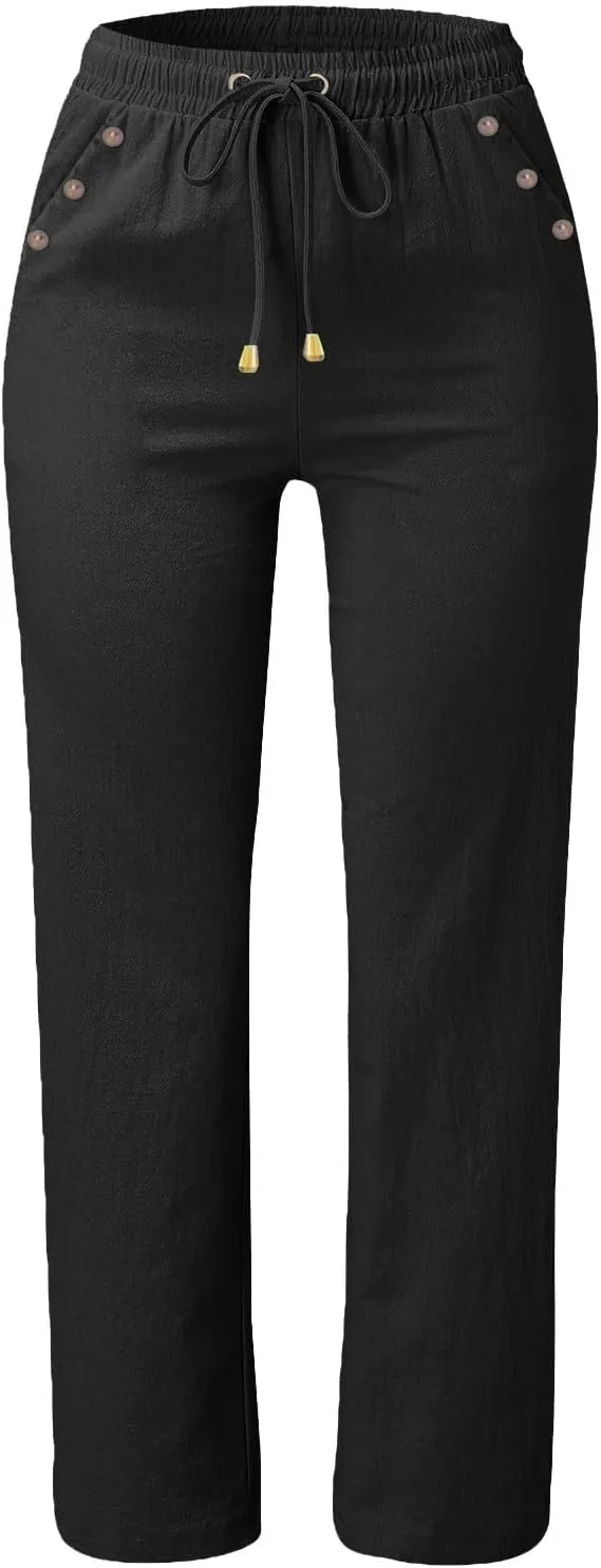 Baggy Linen Pants Women Summer Boho Wide Leg Pants Cotton Palazzo Pants Casual High Waisted Lounge Pants with Pockets