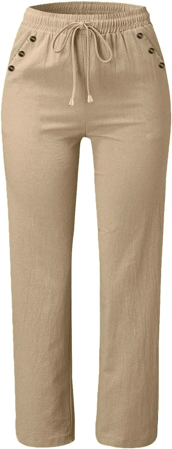 Baggy Linen Pants Women Summer Boho Wide Leg Pants Cotton Palazzo Pants Casual High Waisted Lounge Pants with Pockets