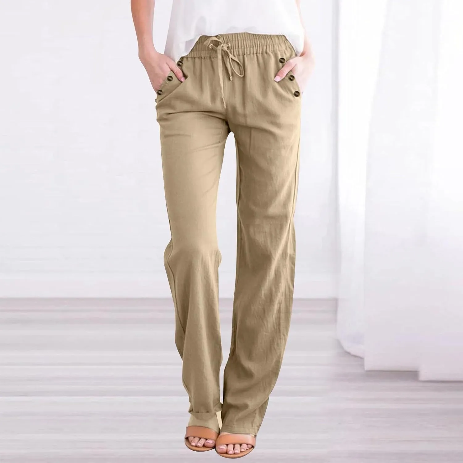 Baggy Linen Pants Women Summer Boho Wide Leg Pants Cotton Palazzo Pants Casual High Waisted Lounge Pants with Pockets
