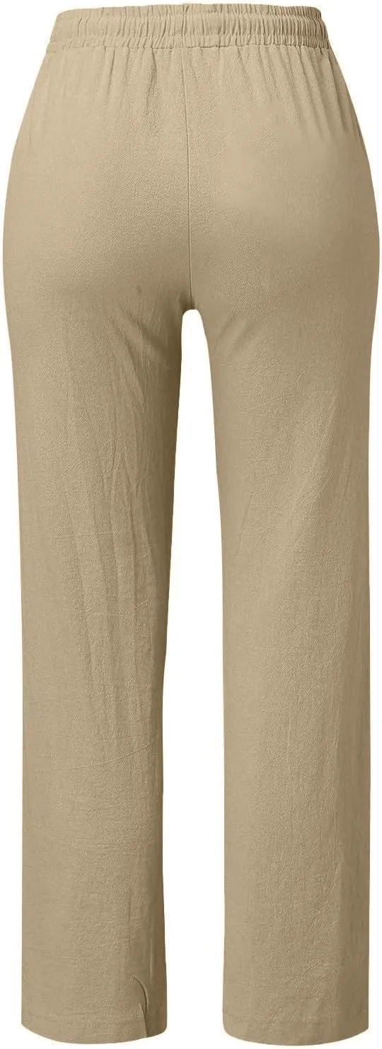 Baggy Linen Pants Women Summer Boho Wide Leg Pants Cotton Palazzo Pants Casual High Waisted Lounge Pants with Pockets