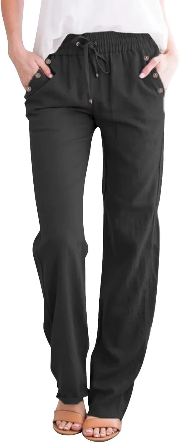 Baggy Linen Pants Women Summer Boho Wide Leg Pants Cotton Palazzo Pants Casual High Waisted Lounge Pants with Pockets