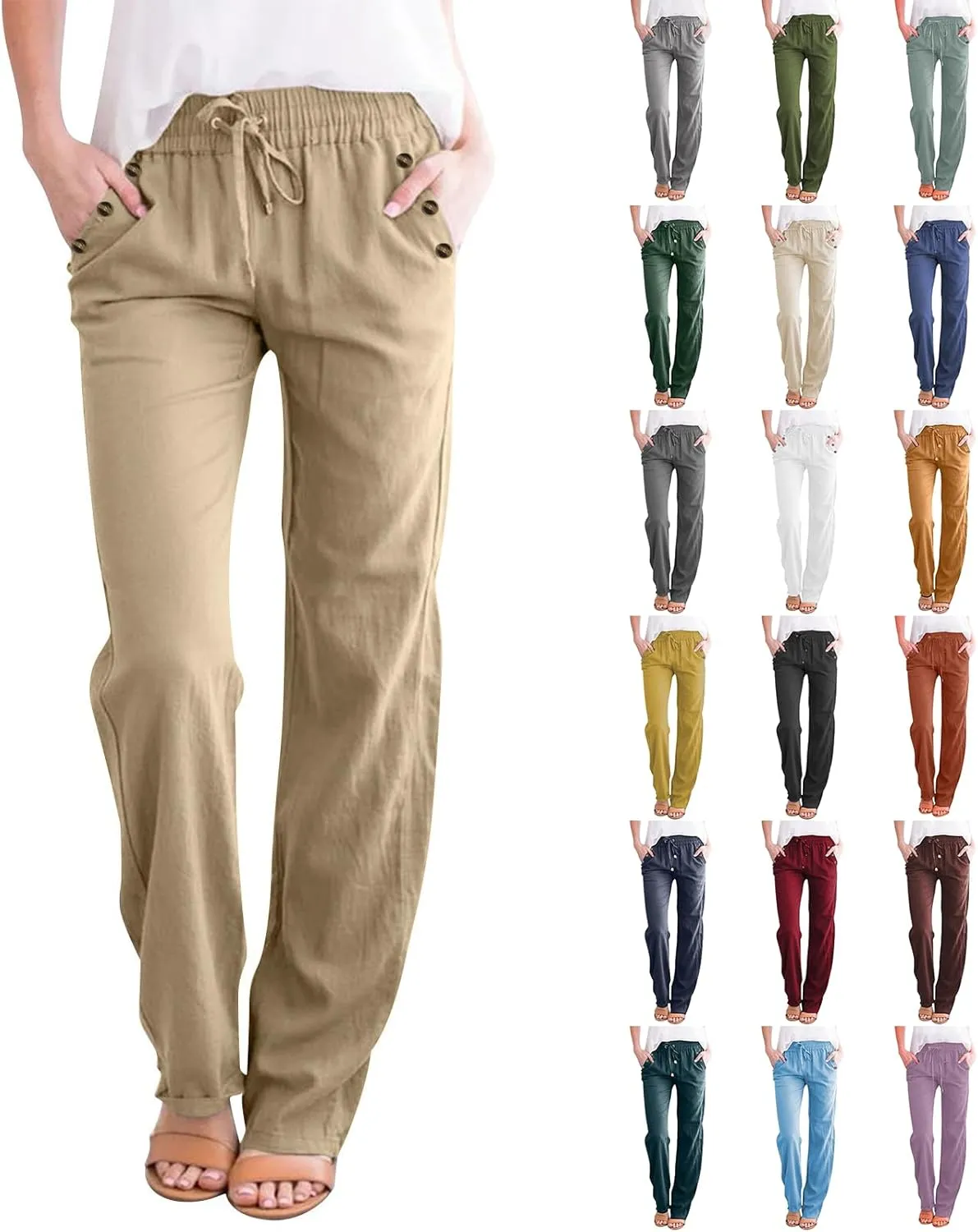 Baggy Linen Pants Women Summer Boho Wide Leg Pants Cotton Palazzo Pants Casual High Waisted Lounge Pants with Pockets