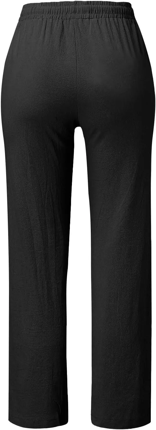 Baggy Linen Pants Women Summer Boho Wide Leg Pants Cotton Palazzo Pants Casual High Waisted Lounge Pants with Pockets