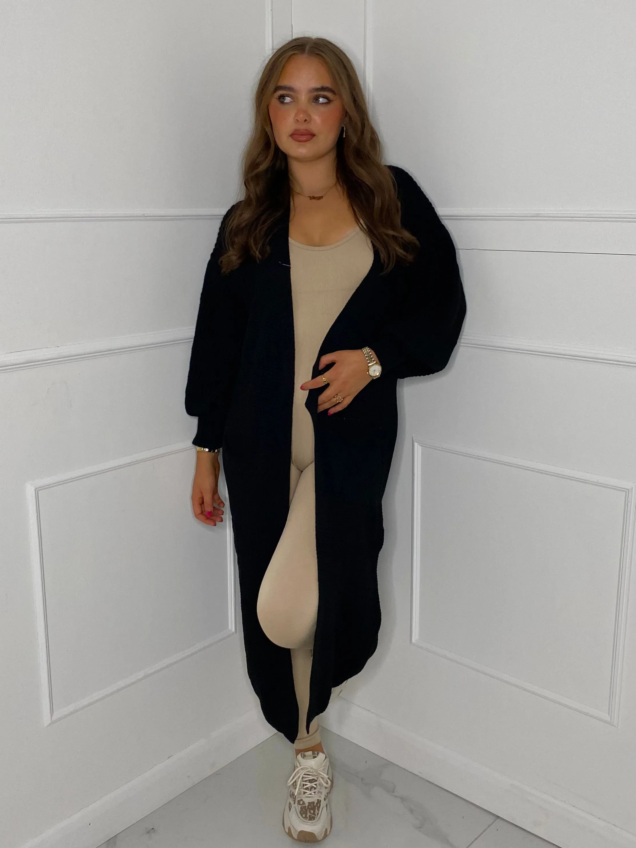 Balloon Sleeve Long Knitted Cardigan - Black