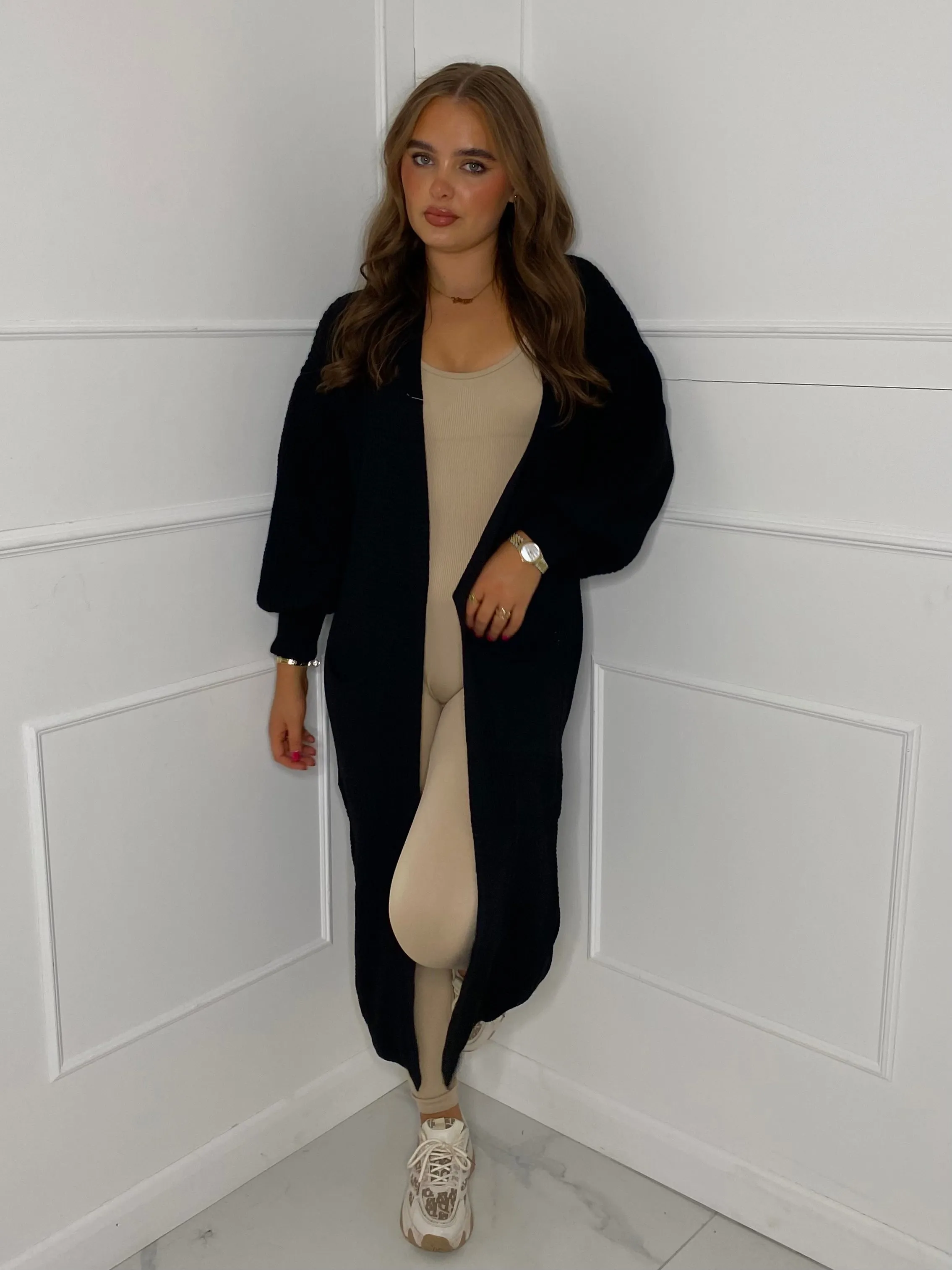 Balloon Sleeve Long Knitted Cardigan - Black