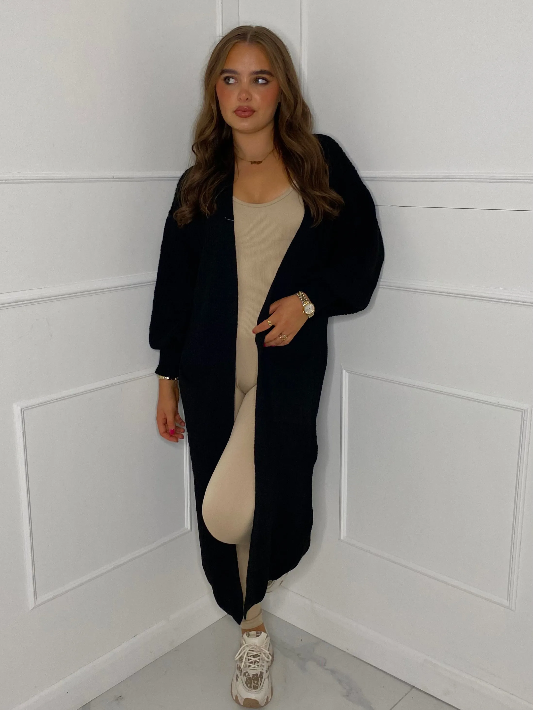 Balloon Sleeve Long Knitted Cardigan - Black
