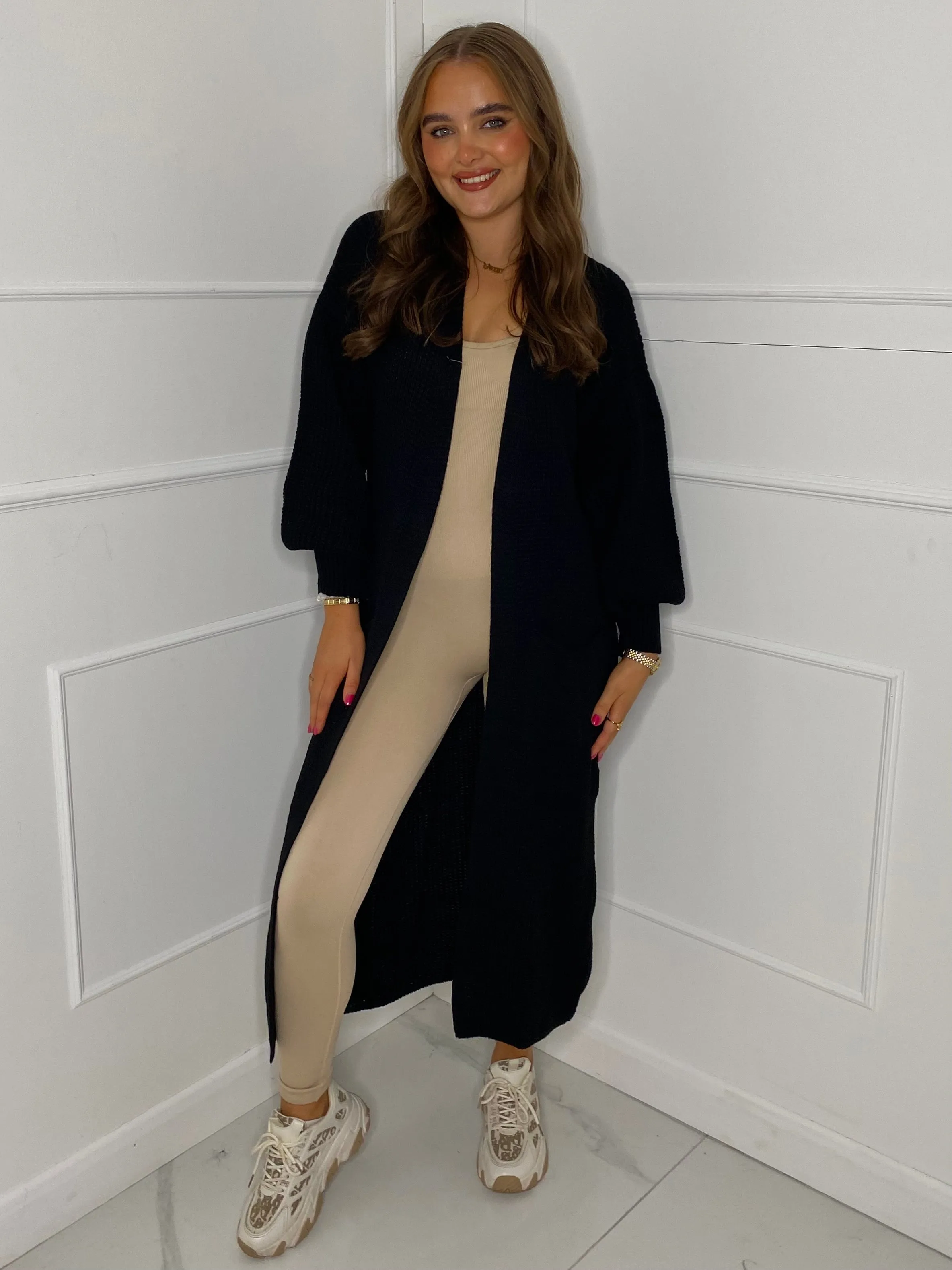 Balloon Sleeve Long Knitted Cardigan - Black