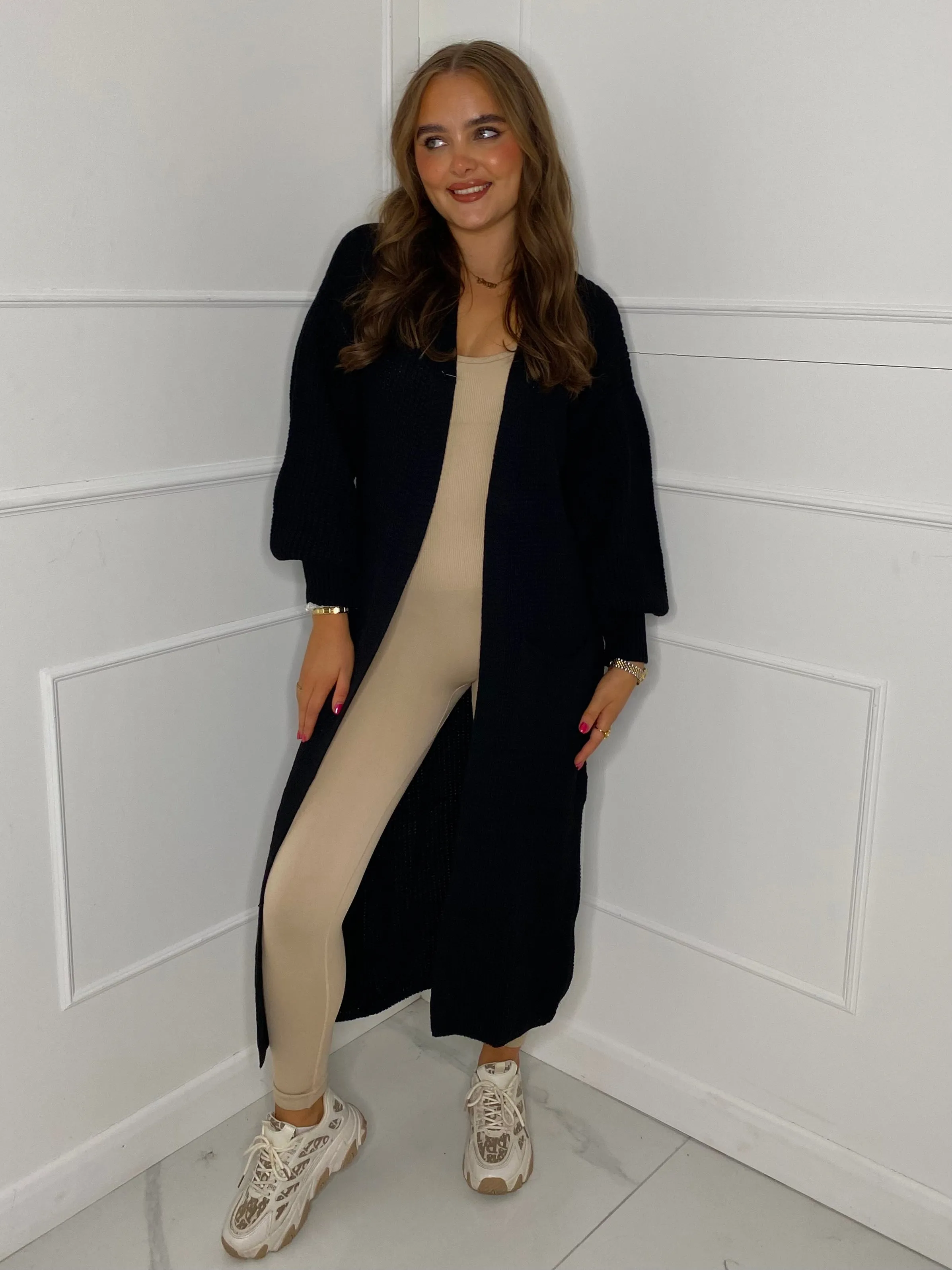 Balloon Sleeve Long Knitted Cardigan - Black