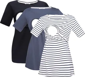 Bearsland Women's 3 Packs Maternity Nursing Tops Short Sleeve Breastfeeding Shirts