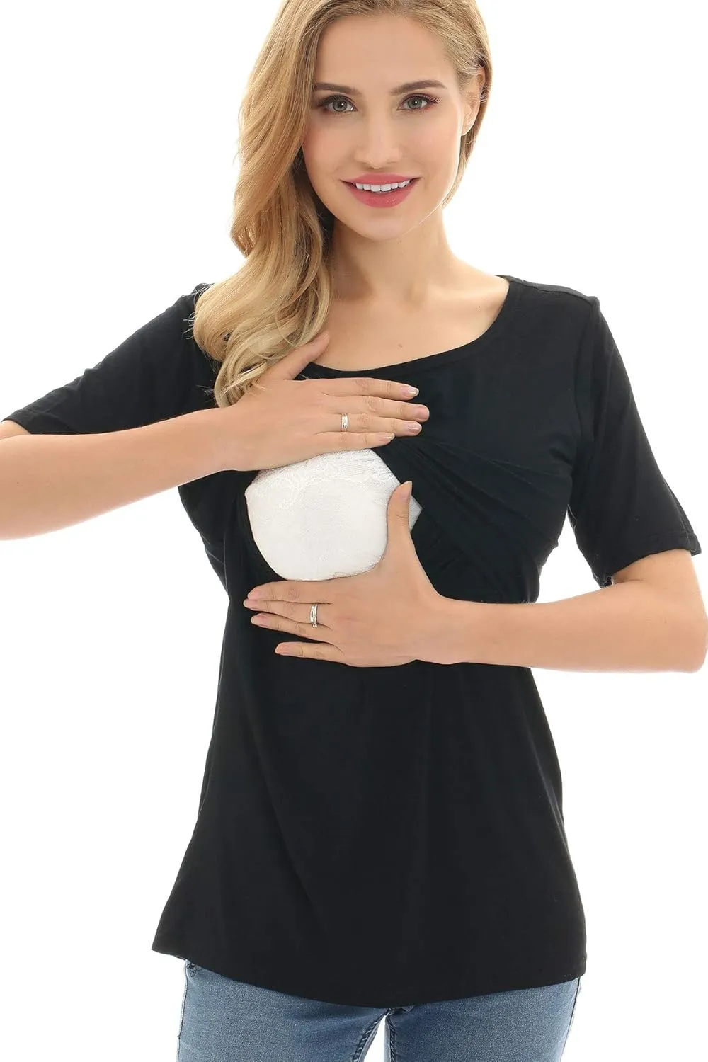 Bearsland Women's 3 Packs Maternity Nursing Tops Short Sleeve Breastfeeding Shirts
